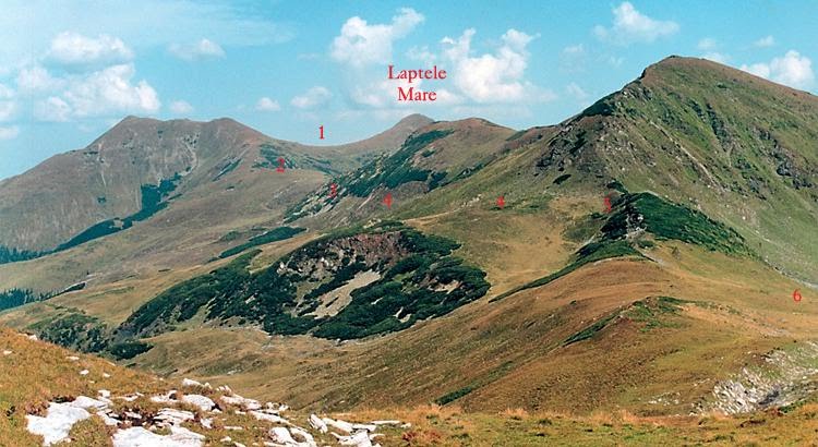 1 - Şaua Pusdrele-2 - Tarniţa Bârsanului-3 - zona La Oase-4 - traseu de ocolire-5 - zona La Cărţi-6 - spre Lacul La Cărţi muntii rodnei romania natura